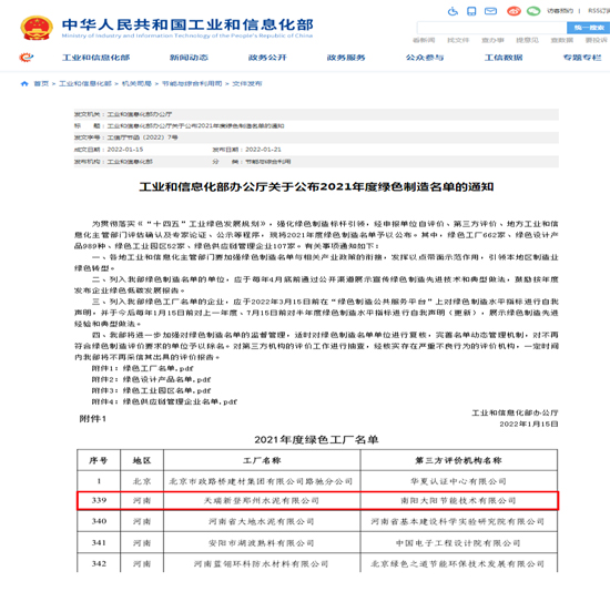 天瑞新登水泥公司荣获国家级“绿色工厂”荣誉称号